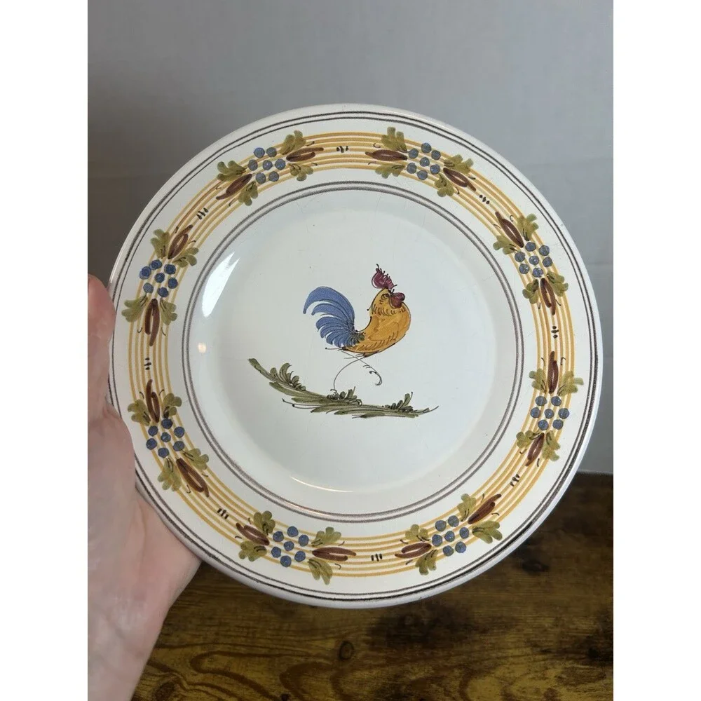 Vintage Italian Hand Painted Rooster Plate Maiolica Tuscan Decor 7.75”Signed